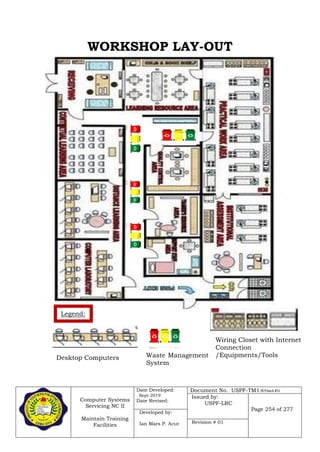Computer Systems
Servicing NC II
Maintain Training
Facilities
Date Developed:
Sept 2019
Date Revised:
Document No. USPF-TM1-2019-batch #34
Issued by:
USPF-LRC
Page 254 of 277
Developed by:
Ian Mars P. Acut Revision # 01
WORKSHOP LAY-OUT
Legend:
Desktop Computers Waste Management
System
Wiring Closet with Internet
Connection
/Equipments/Tools
 