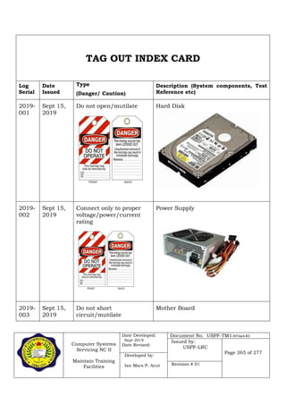 Computer Systems
Servicing NC II
Maintain Training
Facilities
Date Developed:
Sept 2019
Date Revised:
Document No. USPF-TM1-2019-batch #34
Issued by:
USPF-LRC
Page 265 of 277
Developed by:
Ian Mars P. Acut Revision # 01
TAG OUT INDEX CARD
Log
Serial
Date
Issued
Type
(Danger/ Caution)
Description (System components, Test
Reference etc)
2019-
001
Sept 15,
2019
Do not open/mutilate Hard Disk
2019-
002
Sept 15,
2019
Connect only to proper
voltage/power/current
rating
Power Supply
2019-
003
Sept 15,
2019
Do not short
circuit/mutilate
Mother Board
 