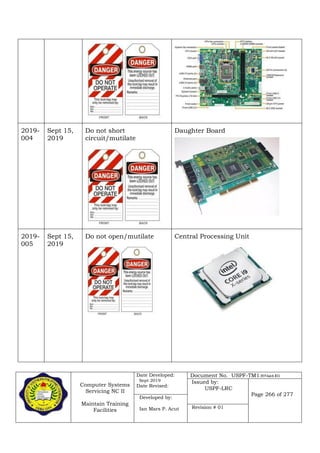 Computer Systems
Servicing NC II
Maintain Training
Facilities
Date Developed:
Sept 2019
Date Revised:
Document No. USPF-TM1-2019-batch #34
Issued by:
USPF-LRC
Page 266 of 277
Developed by:
Ian Mars P. Acut Revision # 01
2019-
004
Sept 15,
2019
Do not short
circuit/mutilate
Daughter Board
2019-
005
Sept 15,
2019
Do not open/mutilate Central Processing Unit
 