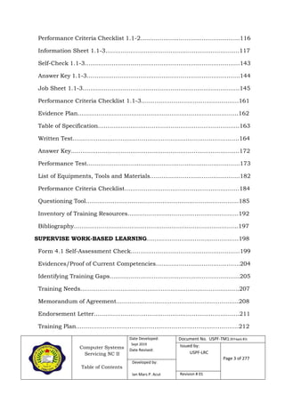 Computer Systems
Servicing NC II
Table of Contents
Date Developed:
Sept 2019
Date Revised:
Document No. USPF-TM1-2019-batch #34
Issued by:
USPF-LRC
Page 3 of 277
Developed by:
Ian Mars P. Acut Revision # 01
Performance Criteria Checklist 1.1-2…………………………………………….116
Information Sheet 1.1-3…………………………………………………………….117
Self-Check 1.1-3………………………………………………………………………143
Answer Key 1.1-3……………………………………………………………………..144
Job Sheet 1.1-3……………………………………………………………………….145
Performance Criteria Checklist 1.1-3……………………………………………161
Evidence Plan…………………………………………………………………………162
Table of Specification………………………………………………………………..163
Written Test……………………………………………………………………………164
Answer Key…………………………………………………………………………….172
Performance Test……………………………………………………………………..173
List of Equipments, Tools and Materials………………………………………..182
Performance Criteria Checklist……………………………………………………184
Questioning Tool……………………………………………………………………..185
Inventory of Training Resources………………………………………………….192
Bibliography…………………………………………………………………………..197
SUPERVISE WORK-BASED LEARNING…………………………………………198
Form 4.1 Self-Assessment Check…………………………………………………199
Evidences/Proof of Current Competencies……………………………………..204
Identifying Training Gaps…………………………………………………………..205
Training Needs………………………………………………………………………..207
Memorandum of Agreement……………………………………………………….208
Endorsement Letter………………………………………………………………….211
Training Plan………………………………………………………………………….212
 