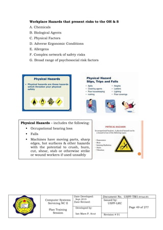 Computer Systems
Servicing NC II
Plan Training
Session
Date Developed:
Sept 2019
Date Revised:
Document No. USPF-TM1-2019-batch #34
Issued by:
USPF-LRC
Page 49 of 277Developed by:
Ian Mars P. Acut Revision # 01
Workplace Hazards that present risks to the OH & S
A. Chemicals
B. Biological Agents
C. Physical Factors
D. Adverse Ergonomic Conditions
E. Allergens
F. Complex network of safety risks
G. Broad range of psychosocial risk factors
Physical Hazards – includes the following:
 Occupational hearing loss
 Falls
 Machines have moving parts, sharp
edges, hot surfaces & other hazards
with the potential to crush, burn,
cut, shear, stab or otherwise strike
or wound workers if used unsafely
 