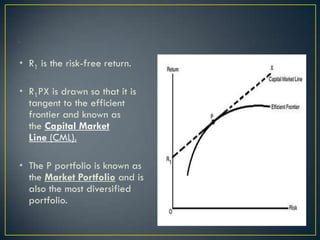 • R1 is the risk-free return.

• R1PX is drawn so that it is
  tangent to the efficient
  frontier and known as
  the Capital Market
  Line (CML).

• The P portfolio is known as
  the Market Portfolio and is
  also the most diversified
  portfolio.
 