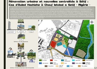 Rénovation urbaine et nouvelles centralités à Sétif :
Cas d’Ouled Hachiche à Chouf lekdad a Setif - Algérie -
La génération de l’espace public : après le travail de la composition urbaine qui a générer la forme urbaine, la superposition d’un schéma
fonctionnel issu de l’analyse des fonctions nécessaires pour le site a générée de son tour des séquences formelles, fonctionnelles aussi bien
visuelles. Alors, la séquence de la communauté et au cœur du site, au cœur de nos réflexions, en allant de la séquence « divertissement et
secteur tertiaire » vers la séquence « nature » ou encore de la séquence « sport » vers la séquence « d’habitat », le passage par la communauté
est toujours nécessaire, voire le schéma n 01. Le programme est comme le suit : 2 tours, un centre communautaire, un appart hôtel, un centre
commercial, un parc urbain, un centre des sports équestres, une école et un ilot d’habitat collectif et individuel. Ceci mène à une différenciation
des ambiances et des temporalités, voire le schéma n 02.
Divertissement et
secteur tertiaire
Communauté Nature
Sport
Habitat
12
Schéma n 01 des séquences
Schéma n 02 des ambiances et des temporalités
2 tours
 