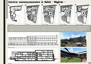 Centre communautaire à Sétif - Algérie -
Plan du sous sol Plan du RDC Plan du 1er étage Plan du 2eme étage Plan du 3eme étage
Coupe AA’
Façade principale
08
Le programme comporte un parking sous-sol, avec tous les locaux techniques. Tandis que le rez de chaussé se compose d’une cafétéria, des locaux
de vente donnant sur le boulevard, un espace d’accueil et d’exposition, un restaurent, une salle de remise de forme et une salle de conférence. Le
1er étage de son tour contient un musée avec des ateliers d’artisanat et le 2eme niveau du restaurent. Quant au 2éme étage, il comporte une
bibliothèque et des ateliers de travail en groupe, tandis que le dernier niveau est dédié à l’administration et la gérance de l’équipement.
 