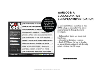 WARLOGS: A
                                                                      COLLABORATIVE
                                                                      EUROPEAN INVESTIGATION

                                                                     As soon as Wikileaks published its files,
                                                                     OWNI set up an application that allows
                                                                     anyone to search through them and
                                                                     investigate.

                                                                     ● Collaborative: Users can share what
                                                                     they found.
                                                                     ● International: Localized versions.
                                                                     ● Quick: OWNI was the first to develop
                                                                     an app and to co-produce it with 2 media
                                                                     outlets – in less than 36 hours.




Portfolio Datajournalism - 22mars / OWNI.fr - 50ter rue de Malte 75011 Paris
 