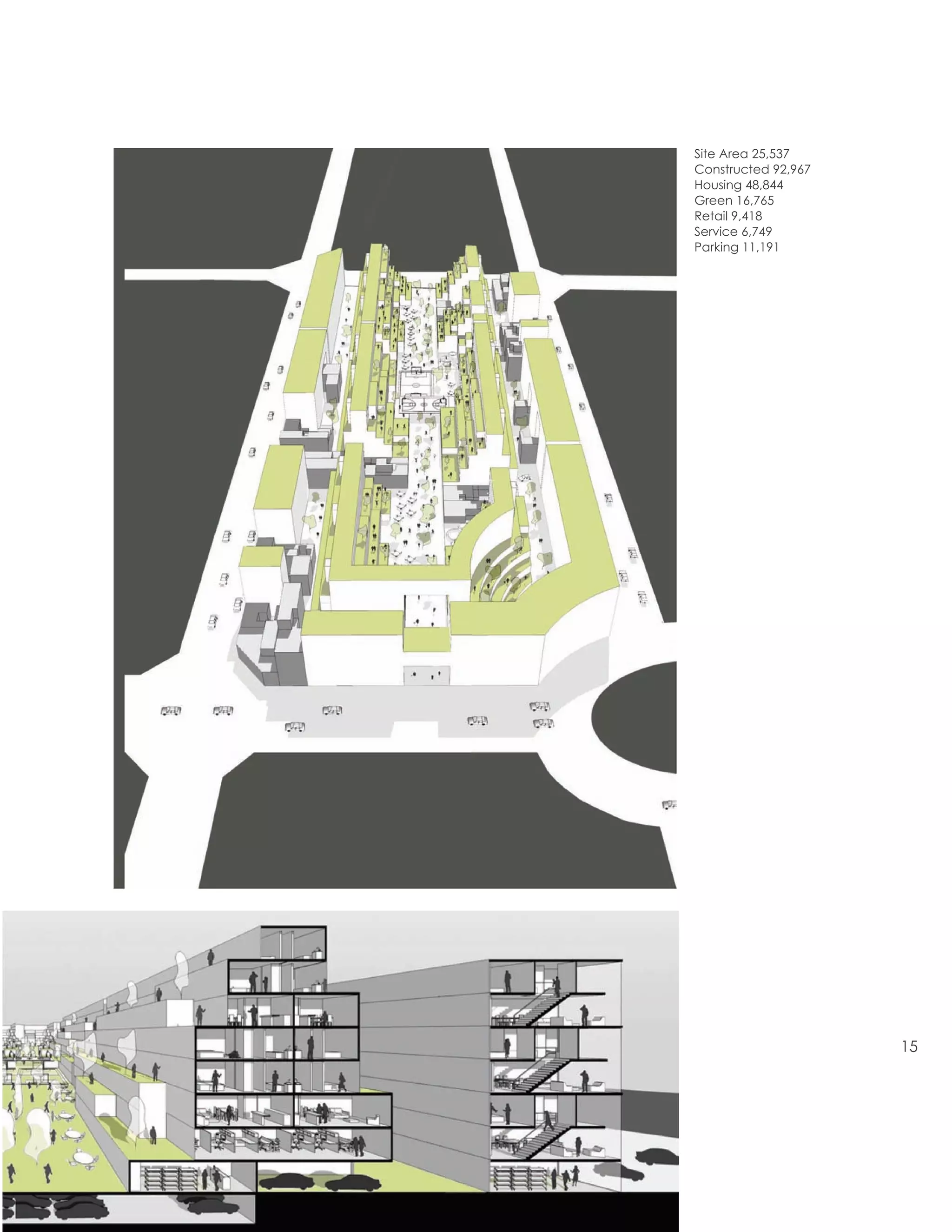 Site Area 25,537
Constructed 92,967
Housing 48,844
Green 16,765
Retail 9,418
Service 6,749
Parking 11,191




                     15
 