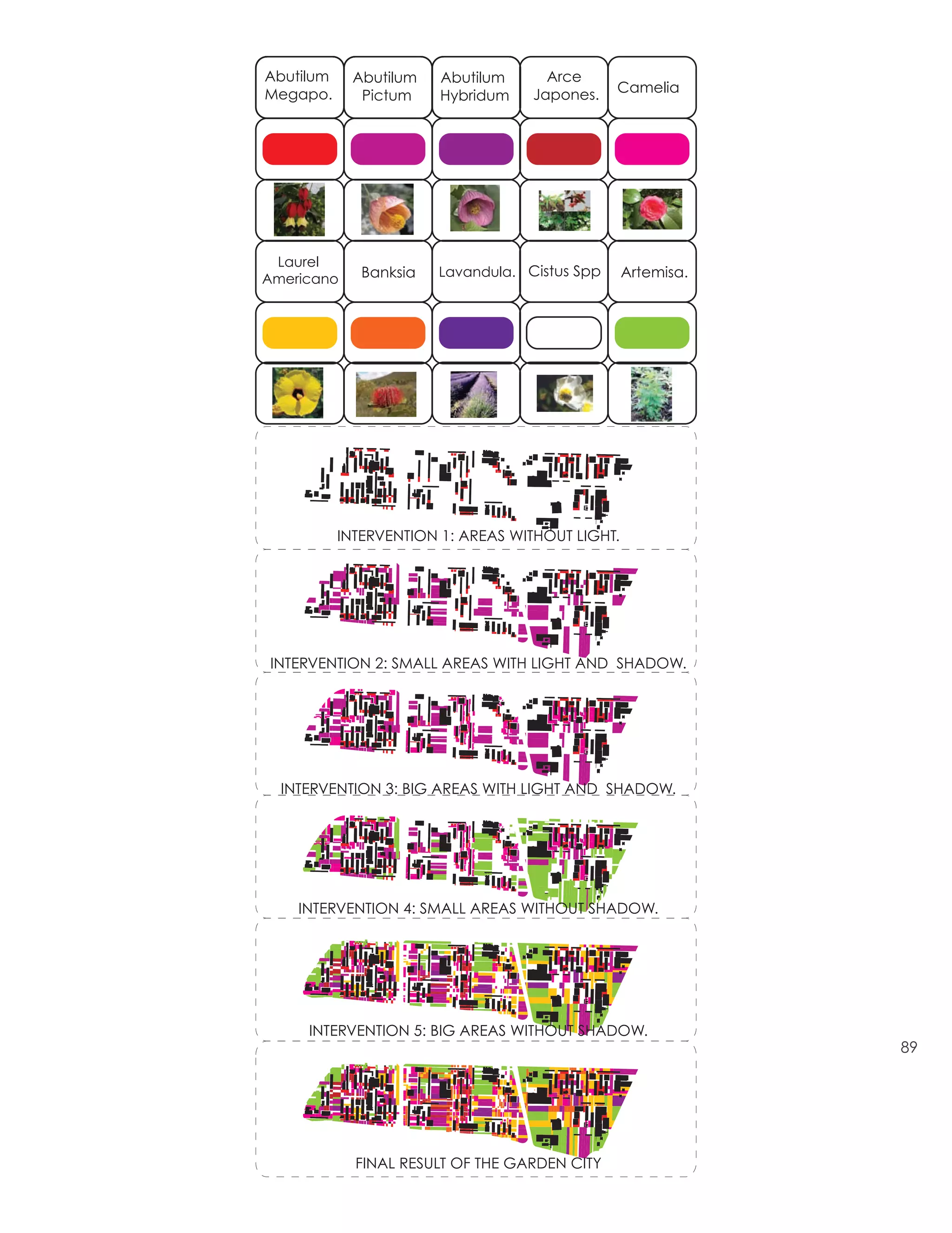 Abutilum    Abutilum    Abutilum      Arce
Megapo.                             Japones.    Camelia
             Pictum     Hybridum




 Laurel
Americano     Banksia   Lavandula. Cistus Spp     Artemisa.




           INTERVENTION 1: AREAS WITHOUT LIGHT.




INTERVENTION 2: SMALL AREAS WITH LIGHT AND SHADOW.




  INTERVENTION 3: BIG AREAS WITH LIGHT AND SHADOW.




    INTERVENTION 4: SMALL AREAS WITHOUT SHADOW.




     INTERVENTION 5: BIG AREAS WITHOUT SHADOW.
                                                              89




             FINAL RESULT OF THE GARDEN CITY
 