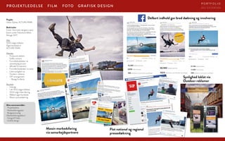 – Vi	nåede	bredt	ud	via	Facebook	med	delbart	content
GRAFISK DESIGNFOTOFILMPROJEKTLEDELSE
Projekt:
Urban Zipline, ACTURE PARK
Beskrivelse:
Event: Danmarks længste svæve-
banen under Trekantområdets
festuge 2017.
Mål:
1000 solgte billetter
Øget kendskab til
ACTURE PARK
Metode:
•	 Producere delbart
SoMe content
•	 Formidlebudskaber via
samarbejdspartnere
•	 Afholde firmaevents
•	 Formidle budskaber via radio
•	 Lokal synlighed via
Outdoor-reklame
•	 VIP-arrangement
– Besøg fra Berlin
Resultat:
•	 Udsolgt
•	 I alt 1300 solgte billetter
•	 1000 solgt inden åbning
•	 Målbart øget kendskab
•	 Massiv pressedækning
Mine ansvarsområder:
· Projektledelse
· Markedsføringsplan
· Budgetansvarlig
(Markedsføringsdelen)
· Fotograf/Video
· Grafisk design
Massiv markedsføring
via samarbejdspartnere
Flot national og regional
pressedækning
Delbart indhold gav bred dækning og involvering
Synlighed loklat via
Outdoor-reklamer
D E A S I E V E R T S E N
P O R T F O L I O
 