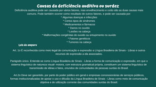 Causas da deficiência auditiva ou surdez
Deficiência auditiva pode ser causada por vários fatores, mas envelhecimento e ruído são as duas causas mais
comuns. Pode também ocorrer como resultado de outros fatores, e pode ser causada por:
* Algumas doenças e infecções
* Certos tipos de síndromes
* Medicamentos e fármacos
* Danos no ouvido
* Lesões na cabeça
* Malformações congênitas do ouvido ou entupimento no ouvido
* Fatores genéticos
* Tumores na cabeça
Leis de amparo
Art. 1o É reconhecida como meio legal de comunicação e expressão a Língua Brasileira de Sinais - Libras e outros
recursos de expressão a ela associados.
Parágrafo único. Entende-se como Língua Brasileira de Sinais - Libras a forma de comunicação e expressão, em que o
sistema linguístico de natureza visual- motora, com estrutura gramatical própria, constituem um sistema linguístico de
transmissão de idéias e fatos, oriundos de comunidades de pessoas surdas do Brasil.
Art.2o Deve ser garantido, por parte do poder público em geral e empresas concessionárias de serviços públicos,
formas institucionalizadas de apoiar o uso e difusão da Língua Brasileira de Sinais - Libras como meio de comunicação
objetiva e de utilização corrente das comunidades surdas do Brasil.
 