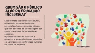 Data: 29/11/2022
QUEM SÃO O PÚBLICO
ALVO DA EDUCAÇÃO
INCLUSIVA?
Esse formato acolhe todos os alunos,
oferecendo suportes distintos e
personalizados para crianças e jovens
que têm barreiras de aprendizagem, por
serem portadores de necessidades
especiais.
O princípio do ensino inclusivo é
promover a igualdade de oportunidades
e a valorização das diferenças humanas
em todos os aspectos.
 