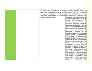 tal manera que no se indica en cada
caso dicha pertenencia. Para el caso
del quinto bloque, los proyectos
pertenecen a los ámbitos de Literatura
y de Participación social.
la sociedad. En este ámbito, el
propósito de las prácticas
sociales del lenguaje consiste
en ampliar los espacios de
incidencia de los alumnos y
favorecer el desarrollo de otras
formas de comprender el
mundo y actuar en él. Por tanto,
se han integrado diversas
prácticas relacionadas con la
lectura y el uso de documentos
administrativos y legales, así
como otras que implican la
expresión y defensa de la
opinión personal y la propuesta
de soluciones a los problemas
que analizan. La participación
social también comprende el
desarrollo de una actitud crítica
ante la información que se
recibe de los medios de
comunicación, por lo que la
escuela no puede ignorar su
impacto. La televisión, la radio,
la Internet y el periódico forman
parte del contexto histórico de
los alumnos, y constituyen una
vía crucial en la comprensión
del mundo y la formación de
identidades socioculturales.
Dada la importancia del
 