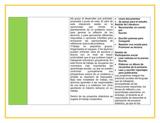 del grupo al desarrollar una actividad,
propuesta o punto de vista. El valor de
esta interacción reside en la
oportunidad que brinda el
planteamiento de un problema nuevo
para generar la reflexión de los
alumnos, o para aprovechar diferentes
respuestas u opiniones infantiles para
enriquecer las oportunidades de
reflexionar acerca del problema.
•Trabajo en pequeños grupos.
Organizados en equipos, 2 los alumnos
pueden enfrentar retos de escritura y
lectura con un nivel de mayor
profundidad que el que pudieran lograr
trabajando individual o grupalmente. En
esta forma de trabajo se recuperan los
momentos más importantes del
aprendizaje escolar, ya que se pueden
confrontar puntualmente sus
perspectivas acerca de un problema y
ampliar su repertorio de respuestas.
Bajo esta modalidad de trabajo, los
alumnos aprenden a ser responsables
de una tarea y a colaborar con otros
aportando el máximo esfuerzo en su
trabajo.
Dentro de los proyectos didácticos se
sugiere el trabajo cooperativo
 como documentos
 de apoyo para el estudio.
Ámbito de Literatura:
 Recomendar un cuento
por
Escrito
 Escribir poemas para
Compartir
 Reseñar una novela para
Promover su lectura.
Ámbito de
Participación social
 Leer noticias en la prensa
Escrita.
 Elaborar un álbum de
recuerdos de la primaria.
 Leer y escribir reportajes
para publicarlos
Los programas integran las
prácticas sociales del lenguaje
que se trabajarán,
acompañadas de las
producciones requeridas, los
temas de reflexión y los
aprendizajes esperados; sin
embargo, el docente es el
responsable de desarrollar la
planeación del proyecto
didáctico, ya que en los
 