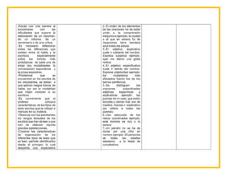 chocan con una barrera al
encontrarse con las
dificultades que supone la
elaboración de un resumen,
de un informe, de un
comentario o de una crítica.
-Es necesario reflexionar
sobre las diferencias que
existen entre el habla y la
escritura, especialmente
sobre las formas más
prototípicas de cada una de
estas dos modalidades: la
conversación espontánea y
la prosa expositiva.
-Problemas que se
encuentran en los escritos de
los estudiantes, se deben a
que aplican rasgos típicos de
habla, por ser la modalidad
que mejor conocen a su
escritura.
-Es conveniente que el
profesor conozca
características de los tipos de
texto escritos que se utilizan a
menudo en su materia.
-Observar con los estudiantes
los rangos textuales de los
escritos que han de leer y que
han de elaborar reporta
grandes satisfacciones.
-Conocer las características
de organización de los
diferentes tipos de texto que
se leen, permite identificarlos
desde el principio, lo cual
despierta una expectativa
2.-El orden de los elementos
de las oraciones ha de estar
unido a la comprensión
inequívoca ejemplo: la ciudad
a al que en verano fui de
vacaciones tiene bandera
azul todas las playas
3.-El adjetivo explicativo
suele ir adelante del nombre.
Expresa subjetiva ejemplo:
ayer me dieron una grata
noticia
4.-El adjetivo especificativo
suele ir detrás del nombre.
Expresa objetividad ejemplo:
los ciudadanos más
afectados fueron los de los
barrios periféricos.
5.-Se distinguen las
oraciones subordinadas
adjetivas específicas y
explicativas ejemplo: las
puertas de mi casa, que están
torcidas y cierran mal, son de
madera maciza-> explicativo
(se refiere a todas las
puertas)
6.-Uso adecuado de los
nexos coordinados ejemplo:
este hombre es rico o lo
parece
7.-Un párrafo no se ha de
iniciar por una cifra en
número ejemplo: 20 personas
de todas las edades
asistieron a la fiesta de
cumpleaños
 