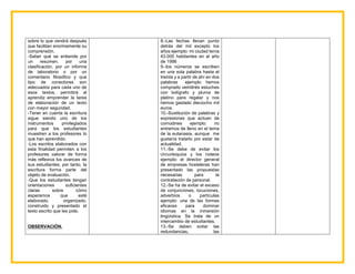 sobre lo que vendrá después
que facilitan enormemente su
comprensión.
-Saber qué se entiende por
un resumen, por una
clasificación, por un informe
de laboratorio o por un
comentario filosófico y que
tipo de conectores son
adecuados para cada uno de
esos textos, permitirá al
aprendiz emprender la tarea
de elaboración de un texto
con mayor seguridad.
-Tener en cuenta la escritura
sigue siendo uno de los
instrumentos privilegiados
para que los estudiantes
muestren a los profesores lo
que han aprendido.
-Los escritos elaborados con
esta finalidad permiten a los
profesores valorar de forma
más reflexiva los avances de
sus estudiantes; por tanto, la
escritura forma parte del
objeto de evaluación.
-Que los estudiantes tengan
orientaciones suficientes
claras sobre cómo
esperamos que esté
elaborado, organizado,
construido y presentado el
texto escrito que les pide.
OBSERVACIÓN.
8.-Las fechas llevan punto
detrás del mil excepto los
años ejemplo: mi ciudad tenía
43.000 habitantes en el año
de 1996
9.-los números se escriben
en una sola palabra hasta el
treinta y a partir de ahí en dos
palabras ejemplo: hemos
comprado veintitrés estuches
con bolígrafo y pluma de
platino para regalar y nos
hemos gastado dieciocho mil
euros.
10.-Sustitución de palabras y
expresiones que actúan de
comodines ejemplo: no
entremos de lleno en el tema
de la eutanasia, aunque me
gustaría tratarlo por estar de
actualidad.
11.-Se debe de evitar los
circunloquios y los rodeos
ejemplo: el director general
de empresas hosteleras han
presentado las propuestas
necesarias para la
contratación de personal.
12.-Se ha de evitar el exceso
de conjunciones, locuciones,
adverbios o partículas
ejemplo: una de las formas
eficaces para dominar
idiomas en la inmersión
lingüística. Se trata de un
intercambio de estudiantes.
13.-Se deben evitar las
redundancias, las
 