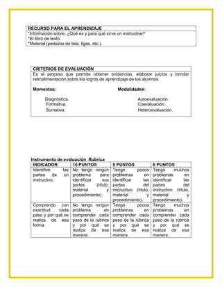 RECURSO PARA EL APRENDIZAJE
*Información sobre, ¿Qué es y para qué sirve un instructivo?
*El libro de texto.
*Material (pedazos de tela, ligas, etc.).
CRITERIOS DE EVALUACIÓN
Es el proceso que permite obtener evidencias, elaborar juicios y brindar
retroalimentación sobre los logros de aprendizaje de los alumnos
Momentos: Modalidades:
Diagnóstica. Autoevaluación.
Formativa. Coevaluación.
Sumativa. Heteroevaluación.
Instrumento de evaluación Rubrica
INDICADOR 10 PUNTOS 8 PUNTOS 6 PUNTOS
Identifico las
partes de un
instructivo.
No tengo ningún
problema para
identificar sus
partes (título,
material y
procedimiento).
Tengo pocos
problemas en
identificar las
partes del
instructivo (título,
material y
procedimiento).
Tengo muchos
problemas en
identificar las
partes del
instructivo (título,
material y
procedimiento).
Comprendo con
exactitud cada
paso y por qué se
realiza de esa
forma.
No tengo ningún
problema en
comprender cada
paso de la rúbrica
y por qué se
realiza de esa
manera.
Tengo pocos
problemas en
comprender cada
paso de la rúbrica
y por qué se
realiza de esa
manera.
Tengo muchos
problemas en
comprender cada
paso de la rúbrica
y por qué se
realiza de esa
manera.
 