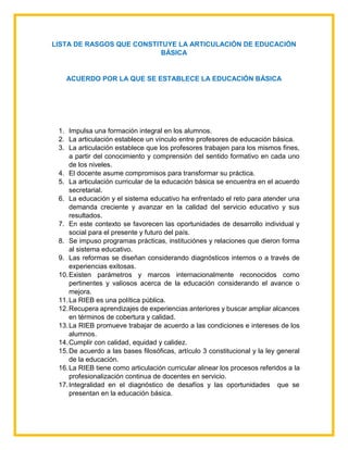 LISTA DE RASGOS QUE CONSTITUYE LA ARTICULACIÓN DE EDUCACIÓN
BÁSICA
ACUERDO POR LA QUE SE ESTABLECE LA EDUCACIÓN BÁSICA
1. Impulsa una formación integral en los alumnos.
2. La articulación establece un vínculo entre profesores de educación básica.
3. La articulación establece que los profesores trabajen para los mismos fines,
a partir del conocimiento y comprensión del sentido formativo en cada uno
de los niveles.
4. El docente asume compromisos para transformar su práctica.
5. La articulación curricular de la educación básica se encuentra en el acuerdo
secretarial.
6. La educación y el sistema educativo ha enfrentado el reto para atender una
demanda creciente y avanzar en la calidad del servicio educativo y sus
resultados.
7. En este contexto se favorecen las oportunidades de desarrollo individual y
social para el presente y futuro del país.
8. Se impuso programas prácticas, instituciónes y relaciones que dieron forma
al sistema educativo.
9. Las reformas se diseñan considerando diagnósticos internos o a través de
experiencias exitosas.
10.Existen parámetros y marcos internacionalmente reconocidos como
pertinentes y valiosos acerca de la educación considerando el avance o
mejora.
11.La RIEB es una política pública.
12.Recupera aprendizajes de experiencias anteriores y buscar ampliar alcances
en términos de cobertura y calidad.
13.La RIEB promueve trabajar de acuerdo a las condiciones e intereses de los
alumnos.
14.Cumplir con calidad, equidad y calidez.
15.De acuerdo a las bases filosóficas, artículo 3 constitucional y la ley general
de la educación.
16.La RIEB tiene como articulación curricular alinear los procesos referidos a la
profesionalización continua de docentes en servicio.
17.Integralidad en el diagnóstico de desafíos y las oportunidades que se
presentan en la educación básica.
 
