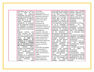 enseñados por sí mismos,
sino a través de una
variedad de prácticas
individuales y de grupo que
permiten el ejercicio de una
competencia y la reflexión
sobre ella. En el caso de
temas gramaticales u
ortográficos, la propuesta
de los programas consiste
en integrarlos a la práctica
de la lectura y la escritura,
no sólo como convenciones
del
lenguaje correcto, sino
como recursos sin los
cuales no se puede lograr
una comunicación precisa y
eficaz. 2º Dejar una
amplia libertad a los
maestros en la selección
de técnicas y métodos
para la enseñanza inicial
de la lectura y la escritura.
Los maestros utilizan
técnicas muy diversas para
enseñar a leer y escribir,
que corresponden a
diferentes orientaciones
teóricas y a prácticas
arraigadas en la tradición de
la escuela mexicana. Con
mucha frecuencia, los
maestros usan
-Desarrollen
conocimientos y
habilidades para buscar,
seleccionar, procesar y
emplear información,
dentro y fuera de la
escuela, como
instrumento de
aprendizaje autónomo.
-Practiquen la lectura y la
escritura para satisfacer
necesidades de
recreación, solucionar
problemas y conocerse a
sí mismos y la realidad.
-Logren comprender el
funcionamiento y las
características básicas de
nuestro sistema de
escritura, de manera
eficaz.
-Desarrollen estrategias
para comprender y
ampliar su lenguaje al
hablar, escuchar, leer y
escribir.
-Adquieran nociones de
gramática para que
puedan reflexionar y
comunicativas. Esto implica,
entre otras cosas, introducir
a los niños a la cultura
escrita. La enseñanza del
español en la escuela no
puede dejar de lado la
complejidad funcional del
lenguaje ni las condiciones
de su adquisición, ya que es
la es la necesidad de
comprender e integrarse al
entorno social lo que lleva a
ensanchar los horizontes
lingüísticos y comunicativos
de los individuos. La
estructuración del programa
de Español a partir del uso
de las prácticas sociales del
lenguaje constituye un
avance en esta dirección,
pues permite reunir y
secuenciar contenidos de
diferente naturaleza en
actividades socialmente
relevantes para los
alumnos. Las prácticas
sociales del lenguaje que
integran el programa han
sido seleccionadas en
función de metas
encaminadas a incrementar
el uso del lenguaje para
mediar las relaciones
sociales, incorporar la
diversos tipos textuales
adquiere relevancia; por
lo que a partir de dicha
reforma curricular, y
hasta la fecha, se da un
importante avance en la
concepción del
aprendizaje y la
enseñanza de la lengua.
Algunas de las
concepciones en las
propuestas curriculares
en Español, iniciadas en
1993, y que prevalecen
en la propuesta actual
son:
• Los alumnos son sujetos
inteligentes susceptibles
de adquirir, bajo procesos
constructivos, el
conocimiento y los usos
de las diferentes
manifestaciones sociales
del lenguaje.
• La lengua, oral y escrita,
es un objeto de
construcción y
conocimiento
eminentemente social,
por lo que las situaciones
de aprendizaje y uso más
significativas se dan en
contextos de interacción
social.
 