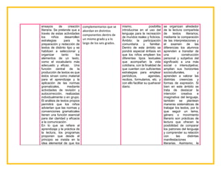 ensayos de creación
literaria. Se pretende que a
través de estas actividades
los niños desarrollen
estrategias para la
preparación y redacción de
textos de distinto tipo y se
habitúen a seleccionar y
organizar tanto los
elementos de un texto,
como el vocabulario más
adecuado y eficaz. Una
función central de la
producción de textos es que
éstos sirvan como material
para el aprendizaje y la
aplicación de las normas
gramaticales, mediante
actividades de revisión y
autocorrección, realizadas
individualmente o en grupo.
El análisis de textos propios
permitirá que los niños
adviertan que las normas y
convenciones gramaticales
tienen una función esencial
para dar claridad y eficacia
a la comunicación.
En lo que se refiere al
aprendizaje y la práctica de
la lectura, los programas
proponen que desde el
principio se insista en la
idea elemental de que los
complementarios que se
abordan en distintos
componentes dentro de
un mismo grado y a lo
largo de los seis grados.
mismo, posibilita
introducirse en el uso del
lenguaje para la recreación
de mundos reales y ficticios.
Ámbito: la participación
comunitaria y familiar.
Dentro de este ámbito se
pondrá especial énfasis en
que los niños empleen los
diferentes tipos textuales
que acompañan la vida
cotidiana, con la finalidad de
que cuenten con suficientes
estrategias para emplear
periódicos, agendas,
recibos, formularios, etc. y
con ello facilitar su quehacer
diario.
se organizan alrededor
de la lectura compartida
de textos literarios;
mediante la comparación
de las interpretaciones y
el examen de las
diferencias los alumnos
aprenden a transitar de
una construcción
personal y subjetiva del
significado a una más
social o intersubjetiva;
amplían sus horizontes
socioculturales, y
aprenden a valorar las
distintas creencias y
formas de expresión. Si
bien en este ámbito se
trata de destacar la
intención creativa e
imaginativa del lenguaje,
también se plantean
maneras sistemáticas de
trabajar los textos, por lo
que seguir un tema,
género o movimiento
literario son prácticas de
lectura que ofrecen la
posibilidad de comparar
los patrones del lenguaje
y comprender su relación
con las distintas
manifestaciones
literarias. Asimismo, la
 