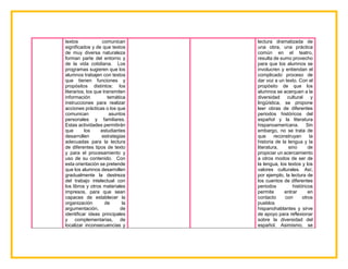 textos comunican
significados y de que textos
de muy diversa naturaleza
forman parte del entorno y
de la vida cotidiana. Los
programas sugieren que los
alumnos trabajen con textos
que tienen funciones y
propósitos distintos: los
literarios, los que transmiten
información temática
instrucciones para realizar
acciones prácticas o los que
comunican asuntos
personales y familiares.
Estas actividades permitirán
que los estudiantes
desarrollen estrategias
adecuadas para la lectura
de diferentes tipos de texto
y para el procesamiento y
uso de su contenido. Con
esta orientación se pretende
que los alumnos desarrollen
gradualmente la destreza
del trabajo intelectual con
los libros y otros materiales
impresos, para que sean
capaces de establecer la
organización de la
argumentación, de
identificar ideas principales
y complementarias, de
localizar inconsecuencias y
lectura dramatizada de
una obra, una práctica
común en el teatro,
resulta de sumo provecho
para que los alumnos se
involucren y entiendan el
complicado proceso de
dar voz a un texto. Con el
propósito de que los
alumnos se acerquen a la
diversidad cultural y
lingüística, se propone
leer obras de diferentes
periodos históricos del
español y la literatura
hispanoamericana. Sin
embargo, no se trata de
que reconstruyan la
historia de la lengua y la
literatura, sino de
propiciar un acercamiento
a otros modos de ser de
la lengua, los textos y los
valores culturales. Así,
por ejemplo, la lectura de
los cuentos de diferentes
periodos históricos
permite entrar en
contacto con otros
pueblos
hispanohablantes y sirve
de apoyo para reflexionar
sobre la diversidad del
español. Asimismo, se
 
