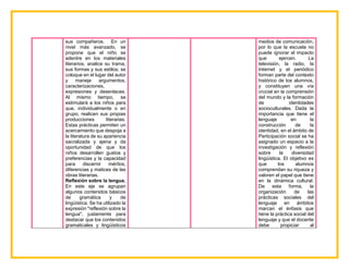 sus compañeros. En un
nivel más avanzado, se
propone que el niño se
adentre en los materiales
literarios, analice su trama,
sus formas y sus estilos; se
coloque en el lugar del autor
y maneje argumentos,
caracterizaciones,
expresiones y desenlaces.
Al mismo tiempo, se
estimulará a los niños para
que, individualmente o en
grupo, realicen sus propias
producciones literarias.
Estas prácticas permiten un
acercamiento que despoja a
la literatura de su apariencia
sacralizada y ajena y da
oportunidad de que los
niños desarrollen gustos y
preferencias y la capacidad
para discernir méritos,
diferencias y matices de las
obras literarias.
Reflexión sobre la lengua.
En este eje se agrupan
algunos contenidos básicos
de gramática y de
lingüística. Se ha utilizado la
expresión "reflexión sobre la
lengua", justamente para
destacar que los contenidos
gramaticales y lingüísticos
medios de comunicación,
por lo que la escuela no
puede ignorar el impacto
que ejercen. La
televisión, la radio, la
Internet y el periódico
forman parte del contexto
histórico de los alumnos,
y constituyen una vía
crucial en la comprensión
del mundo y la formación
de identidades
socioculturales. Dada la
importancia que tiene el
lenguaje en la
construcción de la
identidad, en el ámbito de
Participación social se ha
asignado un espacio a la
investigación y reflexión
sobre la diversidad
lingüística. El objetivo es
que los alumnos
comprendan su riqueza y
valoren el papel que tiene
en la dinámica cultural.
De esta forma, la
organización de las
prácticas sociales del
lenguaje en ámbitos
marcan el énfasis que
tiene la práctica social del
lenguaje y que el docente
debe propiciar al
 