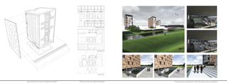 Plans de la tour de logement étudiantAxonométrie de la tour de logement étudiant Perspective des ambiances recherchée avec et sans inondation
 