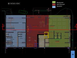 SCHEMA RDC
A
hall d accueil
S=160.00 m²
acces piscine
acces hotel
wc
douches
douches
vestiaire
chambre
du personel
restaurant
S=92.00 m²
CUISINE
S=51.00 m²
S AS
salon d accueil
Restaurant
Hall d’accueil
Vestiaire
23
 