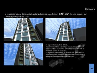 50 logements à courbet –ORAN-.
Projet minimaliste et articulé par ces volumes puissants, et
la douceur de sa couleur. Un contraste entre sentiments de
duretés et épures de sa couleur.
La végétation est l’élément de relation, le fil conducteur du
projet avec jardin privé pour le acquéreur et jardin commun
le long de la voie piétonne accessible à tous.
Concours
le terrain se trouve dans un ilot rectangulaire, sa superficie et de1015m 2. il a une façades sur
l’avenue principale DE 18M
40
 