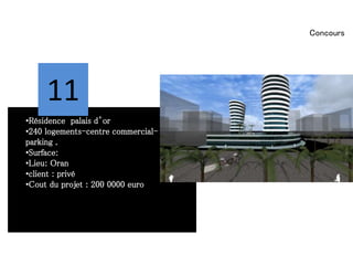 Concours
11
•Résidence palais d’or
•240 logements-centre commercial-
parking .
•Surface:
•Lieu: Oran
•client : privé
•Cout du projet : 200 0000 euro
 