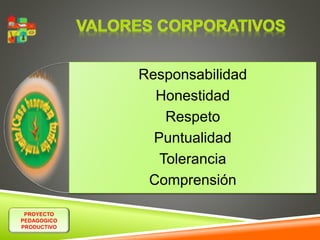 PROYECTO 
PEDAGOGICO 
PRODUCTIVO 
Responsabilidad 
Honestidad 
Respeto 
Puntualidad 
Tolerancia 
Comprensión 
 