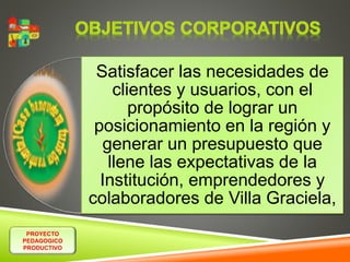 PROYECTO 
PEDAGOGICO 
PRODUCTIVO 
Satisfacer las necesidades de 
clientes y usuarios, con el 
propósito de lograr un 
posicionamiento en la región y 
generar un presupuesto que 
llene las expectativas de la 
Institución, emprendedores y 
colaboradores de Villa Graciela, 
 