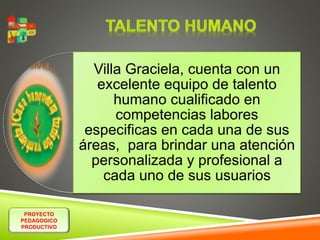PROYECTO 
PEDAGOGICO 
PRODUCTIVO 
Villa Graciela, cuenta con un 
excelente equipo de talento 
humano cualificado en 
competencias labores 
especificas en cada una de sus 
áreas, para brindar una atención 
personalizada y profesional a 
cada uno de sus usuarios 
 