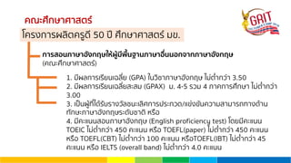 คณะศึกษาศาสตร์
การสอนภาษาอังกฤษให้ผู้มีพื้นฐานภาษาอื่นนอกจากภาษาอังกฤษ
(คณะศึกษาศาสตร์)
1. มีผลการเรียนเฉลี่ย (GPA) ในวิชาภาษาอังกฤษ ไม่ตํ่ากว่า 3.50
2. มีผลการเรียนเฉลี่ยสะสม (GPAX) ม. 4-5 รวม 4 ภาคการศึกษา ไม่ตํ่ากว่า
3.00
3. เป็นผู้ที่ได้รับรางวัลชนะเลิศการประกวด/แข่งขันความสามารถทางด้าน
ทักษะภาษาอังกฤษระดับชาติ หรือ
4. มีคะแนนสอบภาษาอังกฤษ (English proficiency test) โดยมีคะแนน
TOEIC ไม่ตํ่ากว่า 450 คะแนน หรือ TOEFL(paper) ไม่ตํ่ากว่า 450 คะแนน
หรือ TOEFL(CBT) ไม่ตํ่ากว่า 100 คะแนน หรือTOEFL(IBT) ไม่ตํ่ากว่า 45
คะแนน หรือ IELTS (overall band) ไม่ตํ่ากว่า 4.0 คะแนน
โครงการผลิตครูดี 50 ปี ศึกษาศาสตร์ มข.
 