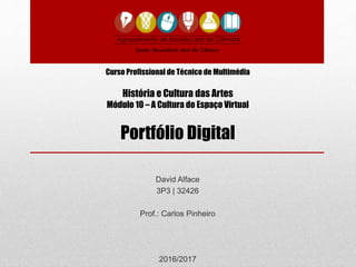 Curso Profissional de Técnico de Multimédia
História e Cultura das Artes
Módulo 10 – A Cultura do Espaço Virtual
Portfólio Digital
David Alface
3P3 | 32426
Prof.: Carlos Pinheiro
2016/2017
 