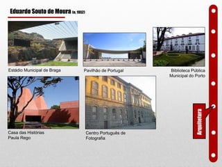 Estádio Municipal de Braga
Centro Português de
Fotografia
Pavilhão de Portugal
Casa das Histórias
Paula Rego
Biblioteca Pública
Municipal do Porto
Arquitetura
Eduardo Souto de Moura (n. 1952)
 
