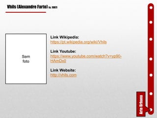 Vhils (Alexandre Farto) (n. 1987)
Link Wikipedia:
https://pt.wikipedia.org/wiki/Vhils
Link Youtube:
https://www.youtube.com/watch?v=yp90-
HAmDx0
Link Website:
http://vhils.com
ArteUrbana
Sem
foto
 