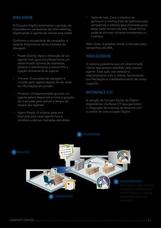 11
DISCADOR
O Discador Dígitro automatiza a geração de
chamadas em campanhas de telemarketing,
dispensando o agente de realizar essa tarefa.
Conforme a necessidade da campanha, o
sistema disponibiliza vários métodos de
discagem:
•	 Power Dialing: Após a detecção de um
agente livre, gera simultaneamente um
determinado número de chamadas,
detecta o atendimento e encaminha a
ligação diretamente ao agente.
•	 Preview: O processo de discagem é
iniciado pelo agente depois de ele obter
as informações do contato.
•	 Preditivo: O sistema prediz quando um
agente estará disponível e inicia a geração
de chamadas para reduzir o tempo de
espera dos agentes.
•	 Agent Ready: O sistema gera uma
chamada para cada agente livre e
transfere a eles as chamadas atendidas.
•	 Teste de lote: Com o objetivo de
aprimorar o mailing (lista de telefones para
campanha), o sistema gera chamadas para
testar cada número da lista. Dessa forma,
pode-se eliminar números inexistentes ou
inválidos.
Além disso, é possível utilizar o discador para
campanhas de URA.
FIDELIZADOR
O sistema possibilita que um determinado
cliente seja sempre atendido pelo mesmo
agente. Essa ação visa estreitar o
relacionamento com o cliente, favorecendo
sua fidelização e o estabelecimento de novos
negócios.
INTERFACE CTI
A solução de Contact Center da Dígitro
disponibiliza Interfaces CTI que permitem
a integração de sistemas de terceiros com
a central de comunicação Dígitro.
MAILING
O mailing para determinada
campanha é cadastrado no
sistema pelo administrador.
1
CHAMADAS
A central, já com os dados
dos clientes cadastrados, gera
automaticamente as chamadas.
2
ATENDIMENTO
Detectado o atendimento,
a ligação é diretamente
encaminhada ao agente
designado para essa
chamada.
3
SUPERVISÃO
O sistema gera um relatório das
chamadas para acompanhamento
do administrador e/ou supervisor.
4
CONTACT CENTER
 