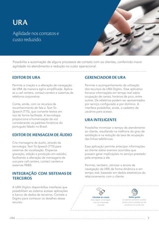 7
EDITOR DE URA
Permite a criação e a alteração de navegação
de URA de maneira ágil e simplificada. Aplica-
se a call centers, contact centers e sistemas de
telefonia corporativa.
Conta, ainda, com os recursos de
reconhecimento de fala e Text-To-
Speech (TTS), que converte textos em
voz de forma facilitada. A tecnologia
proporciona a humanização da voz
considerando os padrões fonéticos do
português falado no Brasil.
EDITOR DE MENSAGEM DE ÁUDIO
Cria mensagens de áudio, através da
tecnologia Text-To-Speech (TTS) para
sistemas de vocalização. Dispensa
gravação, edição e produção em estúdio,
facilitando a alteração de mensagens de
voz para call centers, contact centers e
sistemas PABX.
INTEGRAÇÃO COM SISTEMAS DE
TERCEIROS
A URA Dígitro disponibiliza interfaces que
possibilitam ao sistema acessar aplicações
e banco de dados de terceiros. Contate a
Dígitro para conhecer os detalhes desse
recurso.
GERENCIADOR DE URA
Permite o acompanhamento da utilização
dos recursos da URA Dígitro. Esse aplicativo
fornece informações em tempo real sobre
ocupação de canais, horários de pico, entre
outras. Os relatórios podem ser apresentados
por serviço configurado e por domínio. A
interface possibilita, ainda, o cadastro de
usuários para acesso.
URA INTELIGENTE
Possibilita minimizar o tempo de atendimento
ao cliente, resultando na melhoria do grau de
satisfação e na redução da taxa de ocupação
das linhas telefônicas.
Essa aplicação permite antecipar informações
ao cliente sobre eventos ocorridos que
possam gerar implicações no serviço prestado
pela empresa a ele.
Permite, também, otimizar a árvore de
navegação da URA de forma dinâmica e em
tempo real, baseado em dados estatísticos do
relacionamento com o cliente.
URA
Agilidade nos contatos e
custo reduzido.
Possibilita a automação de alguns processos de contato com os clientes, conferindo maior
agilidade no atendimento e redução no custo operacional.
URA
Melhor gestão
Os relatórios permitem visualizar
pontos críticos à medida que eles
acontecem, em tempo real.
Liberdade de criação
Basta digitar as mensagens
e elas são sintetizadas
como fala.
 