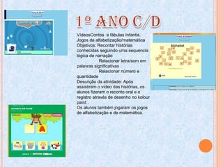 VídeosContos e fábulas Infantis.
Jogos de alfabetização/matemática
Objetivos: Recontar histórias
conhecidas seguindo uma sequencia
lógica de narração
Relacionar letra/som em
palavras significativas
Relacionar número e
quantidade
Descrição da atividade: Após
assistirem o vídeo das histórias, os
alunos fizeram o reconto oral e o
registro através de desenho no kolour
paint .
Os alunos também jogaram os jogos
de alfabetização e de matemática.
 