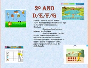 Vídeos: Contos e fábulas infantis
Jogos de alfabetização/matemática/f jogo
da memoria/ forca /cruzadinha
Objetivos:
Relacionar letra/som em
palavras significativas
Realizar pequenos cálculos
através de estratégias pessoais
Descrição da atividade: Os alunos
assistiram os vídeos, depois fizeram o
reconto escrito no aplicativo writer,
jogaram jogos matemáticos, e de
alfabetização.
 