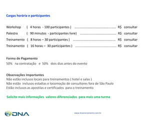 w.w.w.dnatreinamento.com.br
www.dnatreinamento.com.br
Cargas horária e participantes
Workshop ( 4 horas - 100 participantes ) ............................................... R$ consultar
Palestra ( 90 minutos - participantes livre) ......................................... R$ consultar
Treinamento ( 8 horas – 30 participantes ) ................................................ R$ consultar
Treinamento ( 16 horas – 30 participantes ) .............................................. R$ consultar
Forma de Pagamento
50% na contratação e 50% dois dias antes do evento
Observações Importantes
Não estão inclusos locais para treinamentos ( hotel e salas )
Não estão inclusos estadias e locomoção de consultores fora de São Paulo
Estão inclusos as apostilas e certificados para o treinamento
Solicite mais informações valores diferenciados para mais uma turma
 