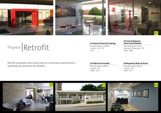 01

                                                                                                   02 Casa de Repouso



              Retrofit
                                                                   01 Renner Protective Coatings   Stela Inez Pechibilski

Projetos
                                                                   Área de projeto 1.290m2         Área de projeto 750m2
                                                                   Curitiba - CIC - PR             Almirante Tamandaré - PR
                                                                   2011                            2004 - 2008




Retrofit integrado entre áreas internas e externas maximizando a   03 Pedron & Fernandes           04 Biogenésis Bagó do Brasil
qualidade do ambiente de trabalho.                                 Área de projeto 350m2           Área de projeto 450m2
                                                                   Curitiba - PR                   Curitiba - PR
                                                                   2008 - 2010                     2008 - 2011




                                       02                                       03                                                04
 