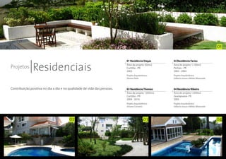 01



               Residenciais
                                                                         01 Residência Viegas      02 Residência Farias

Projetos
                                                                         Área de projeto 450m2     Área de projeto 1.100m2
                                                                         Curitiba - PR             Pinhais - PR
                                                                         2003                      2003 - 2004
                                                                         Projeto Arquitetônico:    Projeto Arquitetônico:
                                                                         Silvane Pailo             Gilberto Inoue e Mitiko Watanabe



Contribuição positiva no dia a dia e na qualidade de vida das pessoas.   03 Residência Thomaz      04 Residência Ribeiro
                                                                         Área de projeto 1.650m2   Área de projeto 1.050m2
                                                                         Curitiba - PR             Guarapuava- PR
                                                                         2004 - 2010               2005
                                                                         Projeto Arquitetônico:    Projeto Arquitetônico:
                                                                         Simone Carneiro           Gilberto Inoue e Mitiko Watanabe




                                        02                                                03                                          04
 