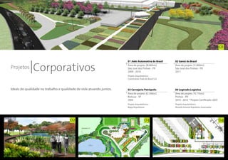 01



              Corporativos
                                                                      01 Jtekt Automotiva do Brasil     02 Gemü do Brasil

Projetos
                                                                      Área de projeto 28.065m2          Área de projeto 31.800m2
                                                                      São José dos Pinhais - PR         São José dos Pinhais - PR
                                                                      2009 - 2010                       2011
                                                                      Projeto Arquitetônico:
                                                                      Construtora Toda do Brasil S.A.



Ideais de qualidade no trabalho e qualidade de vida atuando juntos.   03 Cervejaria Petrópolis          04 Logtrade Logística
                                                                      Área de projeto 42.346m2          Área de projeto 70.716m2
                                                                      Boituva - SP                      Pinhais - PR
                                                                      2005                              2010 - 2012 * Projeto Certificado LEED
                                                                      Projeto Arquitetônico:            Projeto Arquitetônico:
                                                                      Bopp Arquitetura                  Ricardo Amaral Arquitetos Associados




                                       02                                              03                                                        04
 