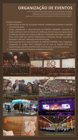 ORGANIZAÇÃO DE EVENTOS
Os Eventos Corporativos estão sendo adotados como uma estratégia de marketing
(público externo) ou de Recursos Humanos (público interno). Eles devem
proporcionar experiências para quem participa, ou seja, devem impactar
positivamente a vida dessa pessoa, seja colaborador, cliente, parceiro ou fornecedor.
Restruturação da área em uma grande empresa, estabelecendo processos e parcerias
com as demais áreas;
Gestão, planejamento e desenvolvimento de EVENTOS INTERNOS: Convenção de
Vendas (1200 pax), Festa de Final de ano (2500 pax), Dia da Criança na empresa (cerca
de 2000 pax), Reunião com a Liderança (800 pax), Celebrações relacionadas ao negócio,
Festa Junina (1500 pax, incluindo colaboradores e familiares), Reunião Trimestral de
Resultados (1200 pax), Celebração Aniversário empresa;
Gestão, planejamento e desenvolvimento de EVENTOS EXTERNOS: Feiras, Congressos,
Inauguração de unidade fabril, Celebração dos 80 anos da empresa (250 pax).
Implementação calendário anual de eventos externos (cerca de 45 eventos por ano).
Coordenação da Visita do Presidente da República à CEAGESP.
Principais realizações:
União Química |Convenção Punta Cana
Claro | Festa de Fim de Ano União Química | Convenção Nacional
União Química| Congresso Brasileiro de Oftalmo -
stand com 450m²
União Química | Evento com Veterinários
de todo Brasil
União Química |
Aniversário empresa União Química | Convenção em Punta Cana
CEAGESP | Visita do Presidente da República em 2020
 