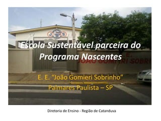 Escola Sustentável parceira do
Programa Nascentes
E. E. “João Gomieri Sobrinho”
Palmares Paulista – SP
Diretoria de Ensino - Região de Catanduva
 
