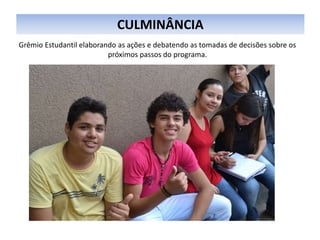 CULMINÂNCIA
Grêmio Estudantil elaborando as ações e debatendo as tomadas de decisões sobre os
próximos passos do programa.
 