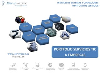 DIVISION DE SISTEMAS Y OPERACIONES
                                   PORTFOLIO DE SERVICIOS




www. servivation.es
    951 10 17 84
 