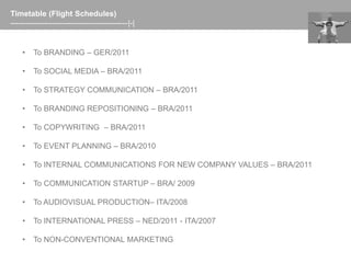 Timetable (Flight Schedules)
---------------------------------------------|-|


    •   To BRANDING – GER/2011

    •   To SOCIAL MEDIA – BRA/2011

    •   To STRATEGY COMMUNICATION – BRA/2011

    •   To BRANDING REPOSITIONING – BRA/2011

    •   To COPYWRITING – BRA/2011

    •   To EVENT PLANNING – BRA/2010

    •   To INTERNAL COMMUNICATIONS FOR NEW COMPANY VALUES – BRA/2011

    •   To COMMUNICATION STARTUP – BRA/ 2009

    •   To AUDIOVISUAL PRODUCTION– ITA/2008

    •   To INTERNATIONAL PRESS – NED/2011 - ITA/2007

    •   To NON-CONVENTIONAL MARKETING
 