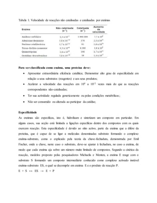 Tabela 1. Velocidade de reacções não catalisadas e catalisadas por enzimas
Para ser classificada como enzima, uma proteína deve:
 Apresentar extraordinária eficiência catalítica; Demonstrar alto grau de especificidade em
relação a seus substratos (reagentes) e aos seus produtos;
 Acelerar a velocidade das reacções em 109 a 1012 vezes mais do que as reacções
correspondentes não-catalisadas;
 Ter sua actividade regulada genericamente ou pelas condições metabólicas; 
 Não ser consumido ou alterada ao participar da catálise;
Especificidade
As enzimas são específicas, isto é, hidrolisam e sintetizam um composto em particular. Em
alguns casos, sua acção está limitada a ligações específicas dentro dos compostos com os quais
exercem reacção. Esta especificidade é devido ao sítio activo, parte da enzima que a difere da
proteína, que é capaz de se ligar a moléculas denominadas substrato formando o complexo
enzima-substrato, como o explicado pela teoria da chave-fechadura, demonstrada por Emil
Fischer, onde a chave, neste caso o substrato, deve-se ajustar à fechadura, no caso a enzima, de
modo que cada enzima aja sobre um número muito limitado de compostos. Segundo a cinética da
reacção, modelos proposto pelas pesquisadores Michaelis e Menten, a enzima E reage com o
substrato S formando um composto intermediário conhecido como complexo activado instável
enzima-substrato ES, o qual se decompõe em enzima E e o produto de reacção P.
E + S ↔ ES → E + P
 