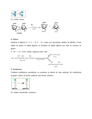 Ex: enzima lactase
4 - Liases
Quebram as ligações C- C, C – O, C – N e outras, por mecanismos distintos da hidrólise. Fazem
adição de grupos às duplas ligações ou formação de duplas ligações por meio de remoção de
grupos.
A - B + → A + B Ex: enzima arginosuccinato liase
5 - Isomerases
Catalizam modificações geométricas ou estruturais no interior de uma molécula. Ha transferência
de grupos dentro da mesma molécula para formar isômeros.
Ex: enzima triosefosfato isomerase:
 